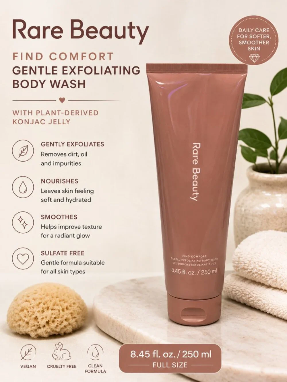 Rare Beauty Find Comfort Gentle Exfoliating Body Wash 8.45 oz 250 mL Full Size